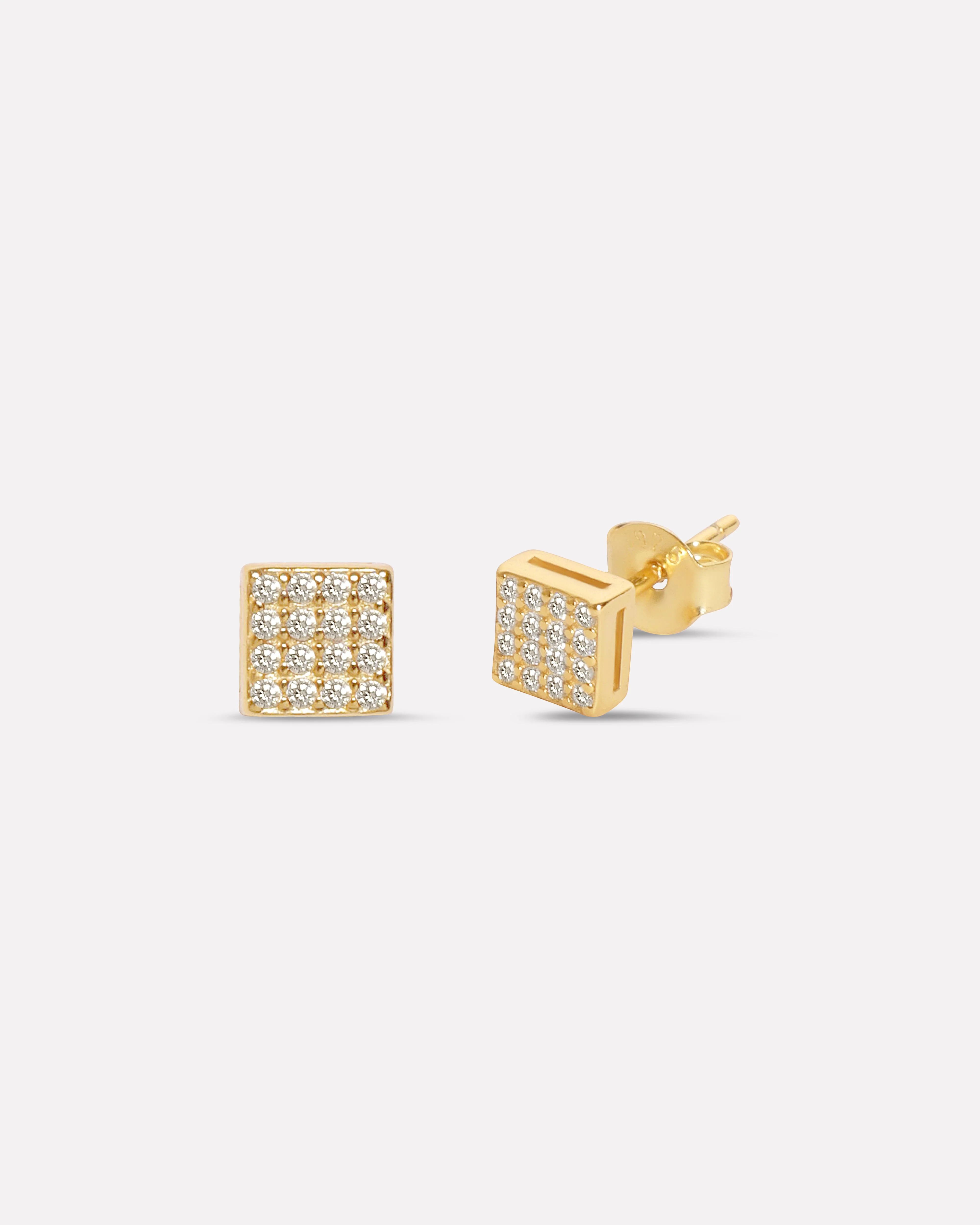 Square Solitaire Gold Plated Stud Men's Earrings - Image 3